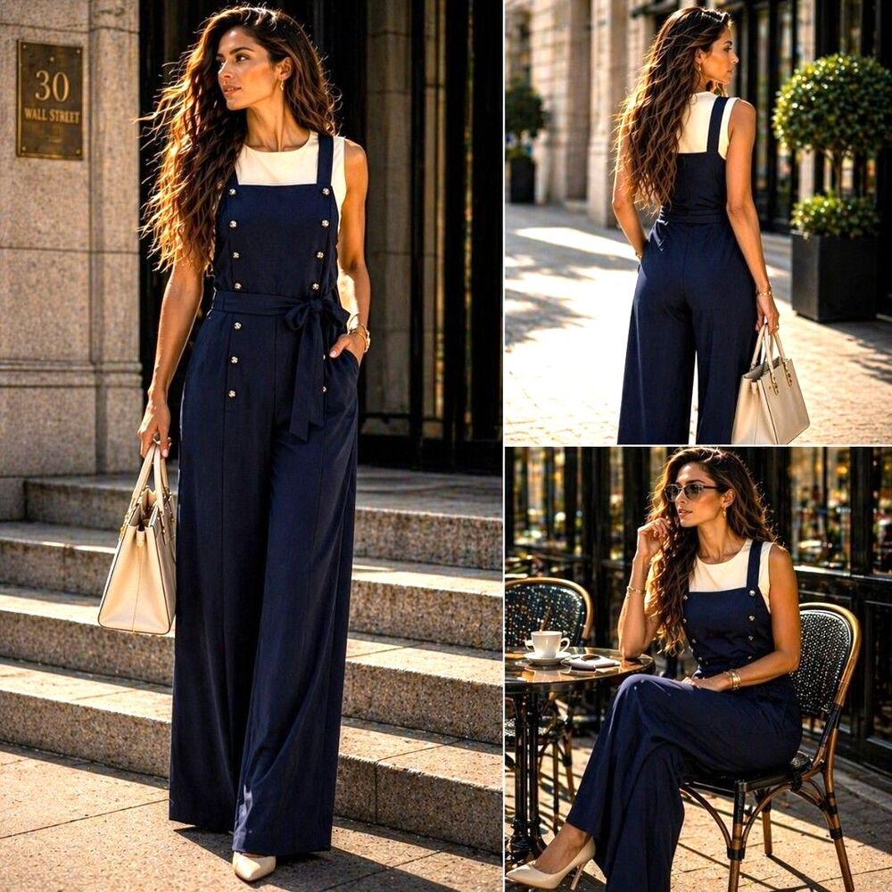 Superfoxx L Coastal Navy Wide Leg Jumpsuit Button Sailor Office Luxe Romper